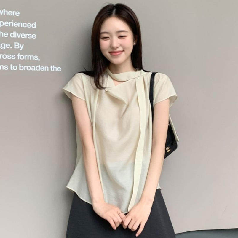 韩国代购直邮2026夏Cherrykoko温柔淑女风飘带领宽松短袖雪纺衫