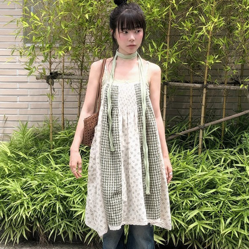 韩国代购直邮2026夏Vinvle甜美少女荷叶边飘带格纹碎花吊带连衣裙