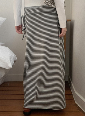 韩国代购直邮Heylady春百搭通勤复古高腰垂感直筒条纹半身中长裙