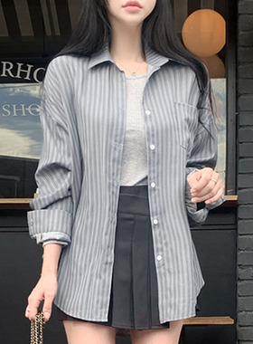 韩国直邮Secondesecon秋百搭时尚气质通勤休闲宽松条纹长袖衬衫女