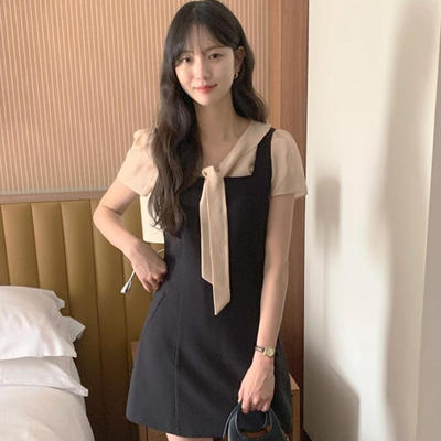 韩国代购直邮2026春学院风短袖蝴蝶结领带修身显瘦气质黑色连衣裙