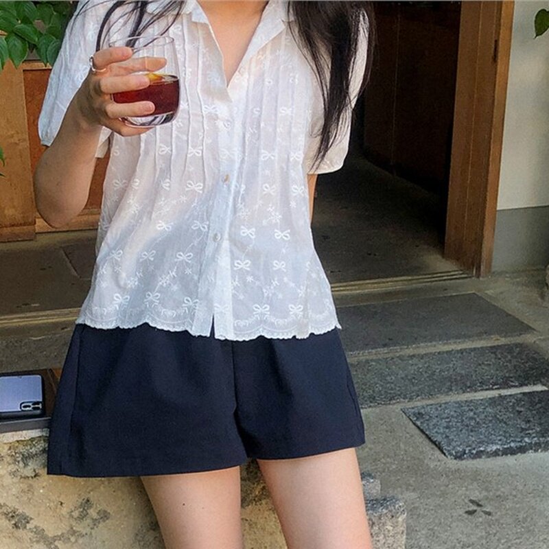 韩国代购直邮2026夏甜美少女风蕾丝刺绣短袖衬衫女白色镂空百搭