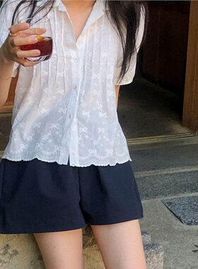韩国代购直邮2026夏甜美少女风蕾丝刺绣短袖衬衫女白色镂空百搭
