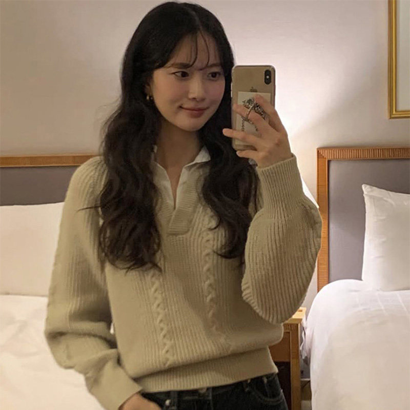 韩国代购直邮ordinairement春温柔翻领领麻花纹宽松长袖针织衫女