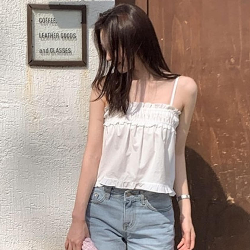 韩国代购直邮2026夏Cherrykoko法式甜美荷叶边褶皱方领吊带背心