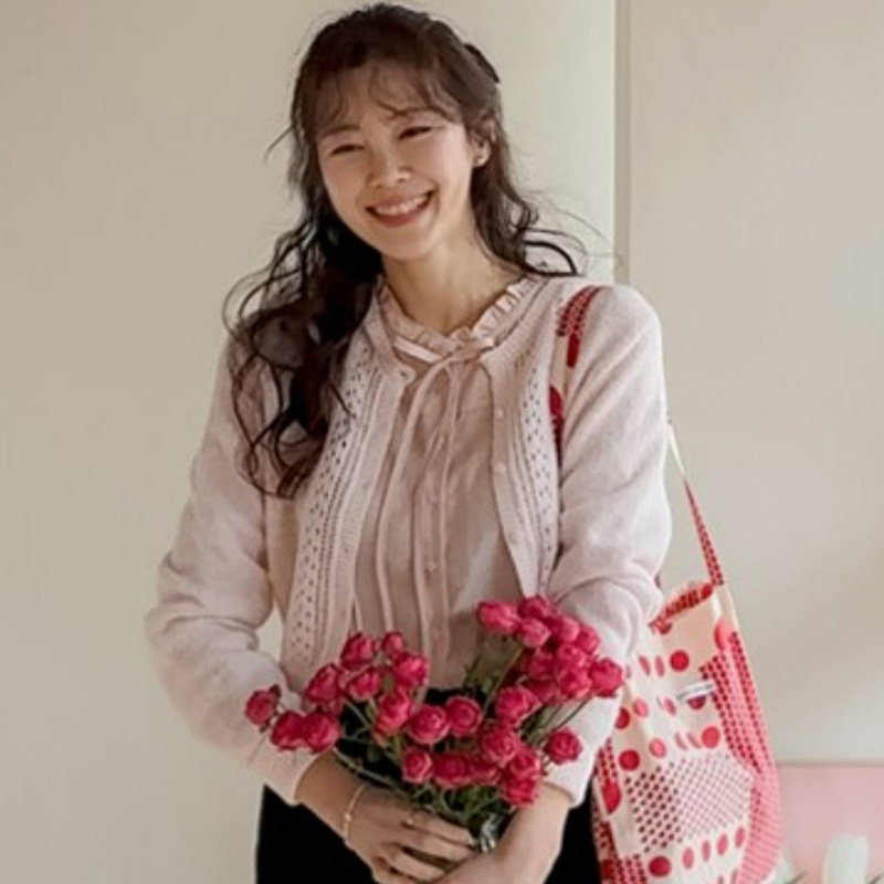 韩国代购直邮2026Leelin春甜美淑女镂空花长袖温柔薄款针织开衫