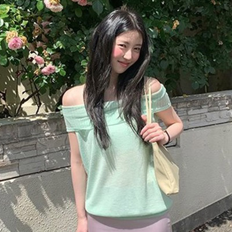 韩国代购直邮2026夏Flily女薄款小众气质一字领圆领短袖针织衫女