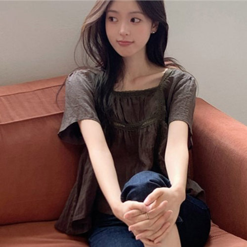 韩国代购直邮2026夏Cherrykoko甜美百搭宽松褶皱方领花边短袖T恤