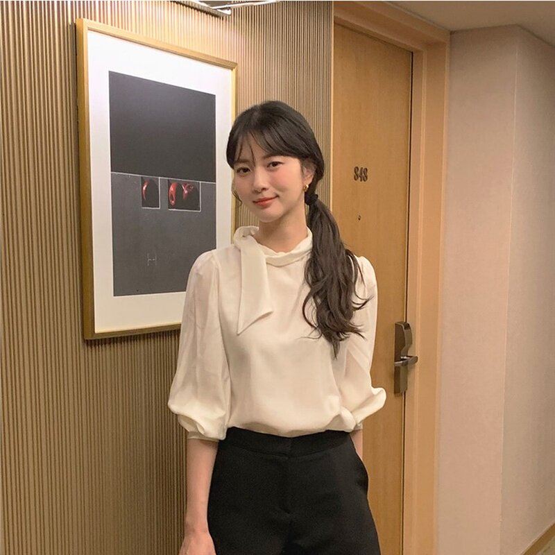 韩国代购直邮2026春通勤风飘带领白色长袖衬衫套头直筒职场正装