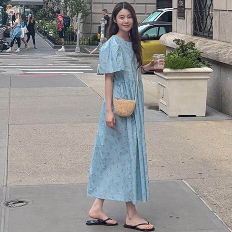 韩国代购直邮2026夏Heylady温柔度假蓝色碎花连衣裙短袖长裙气质