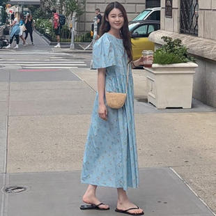 韩国代购直邮2026夏Heylady温柔度假蓝色碎花连衣裙短袖长裙气质