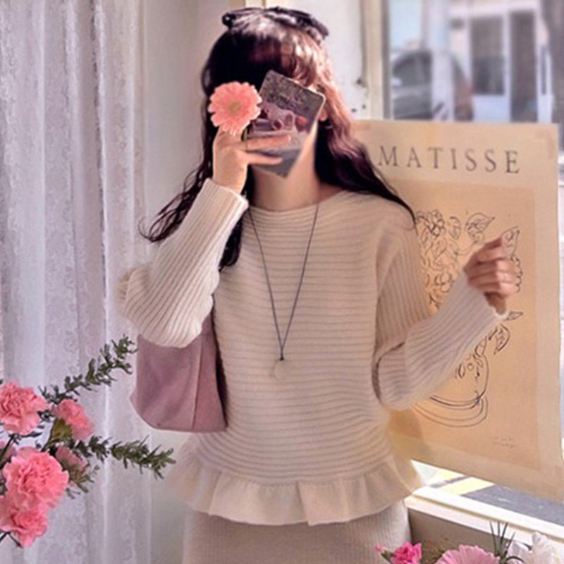 韩国代购直邮Leelin春通勤风长袖温柔木耳边荷叶边套头针织毛衣女