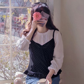 韩国代购 直邮Leelin春百搭波点丝绒吊带V领木耳边时尚 外穿背心女