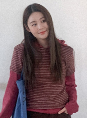 韩国代购直邮Heylady春休闲风复古修身百搭条纹拼色圆领短袖T恤女