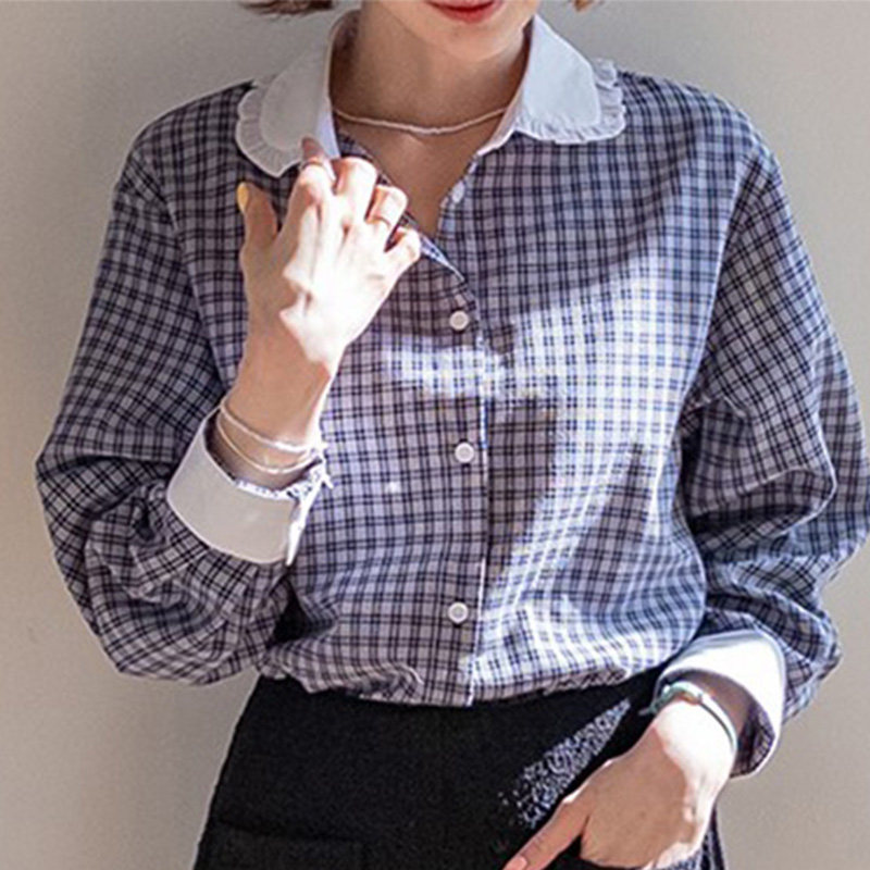 百搭格子长袖翻领通勤子衬衫女
