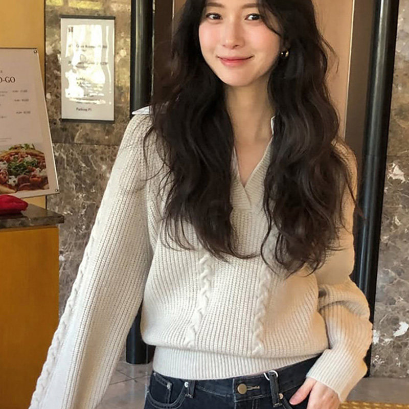 韩国代购直邮ordinairement冬淑女优雅通勤百搭翻领麻花纹针织衫