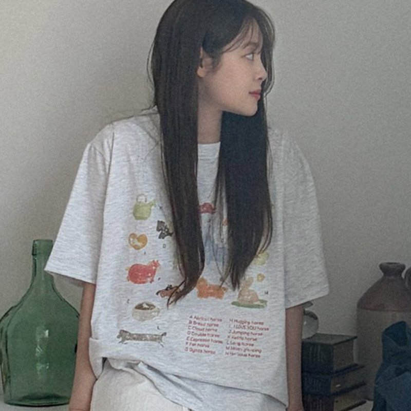 韩国代购直邮2026夏Heylady可爱风卡通印花短袖T恤女宽松圆领穿搭