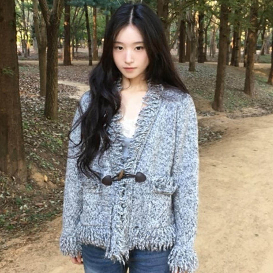 韩国代购直邮2026冬Daybin复古流苏V领气质牛角扣显瘦毛呢外套女