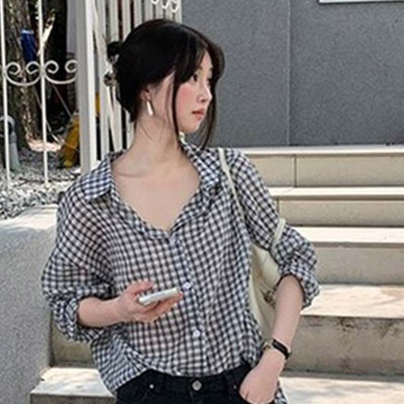 韩国代购直邮2026夏Flily设计感格纹宽松显瘦翻领长袖休闲衬衫女
