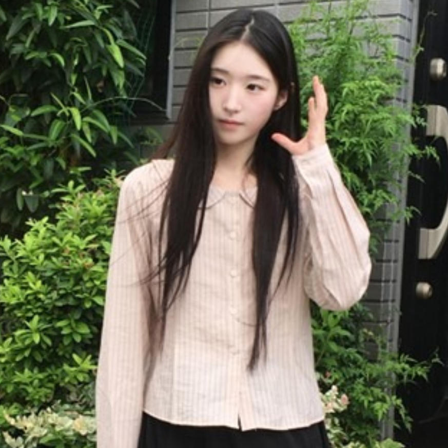 韩国代购直邮2026秋Daybin减龄显瘦条纹衬衫女长袖翻领娃娃领上衣