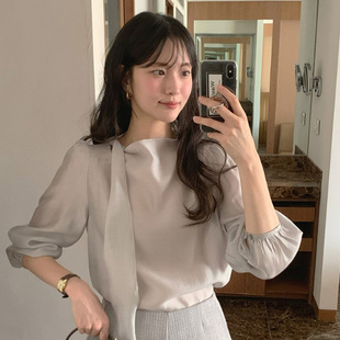 韩国代购直邮2026春优雅飘带领雪纺衫女长袖气质上衣减龄仙气衬衫