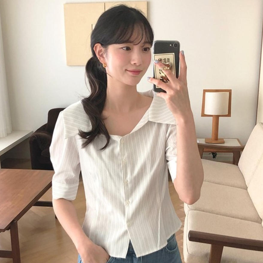 韩国代购直邮2026夏韩式翻领不易变形条纹衬衫短袖修身淑女百搭