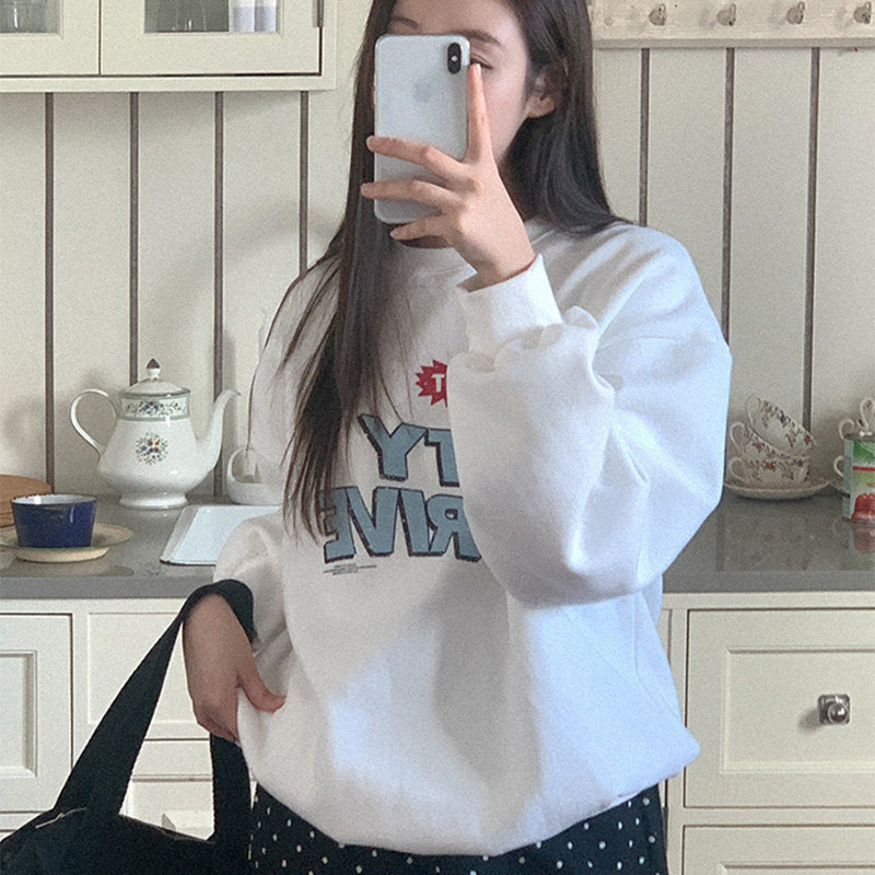 韩国代购直邮Heylady春百搭通勤字母印花宽松长袖加绒圆领卫衣女