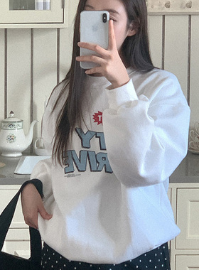 韩国代购直邮Heylady春百搭通勤字母印花宽松长袖加绒圆领卫衣女