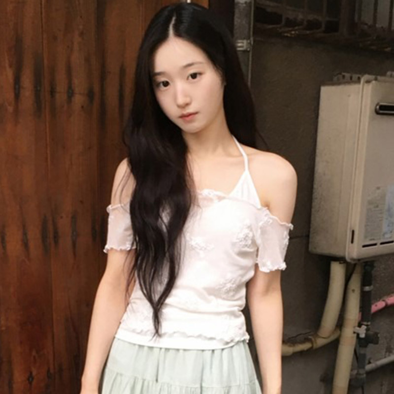 韩国代购直邮2026夏Daybin甜美少女挂脖吊带露肩短袖T恤女两件套