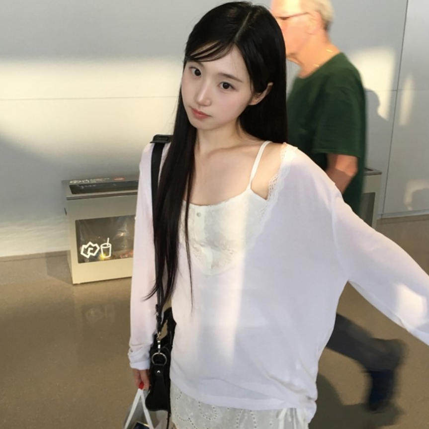 韩国代购直邮2026夏Daybin甜美蕾丝边长袖T恤白色微透防晒罩衫