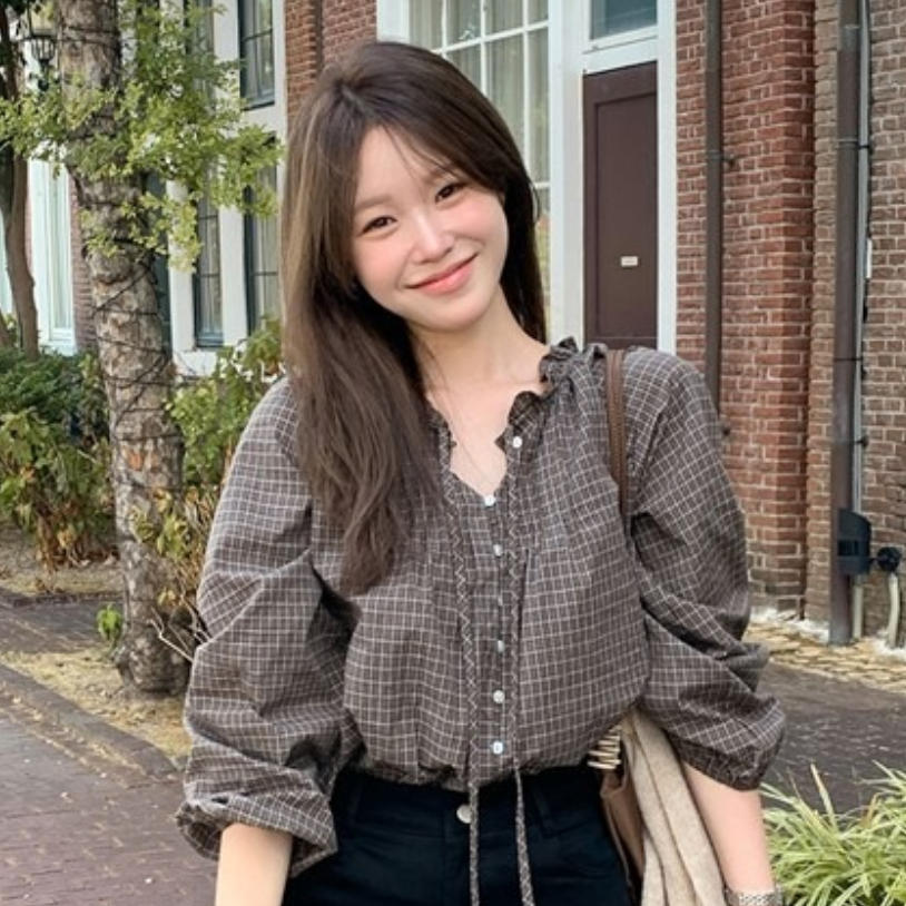 韩国代购直邮2026秋Cherrykoko复古格子衬衫女长袖绑带木耳边上衣