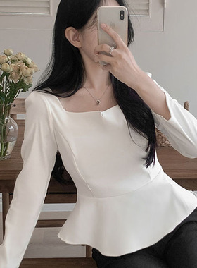 韩国直邮Secondesecon秋百搭时尚气质收腰淑女温柔方领长袖衬衫女