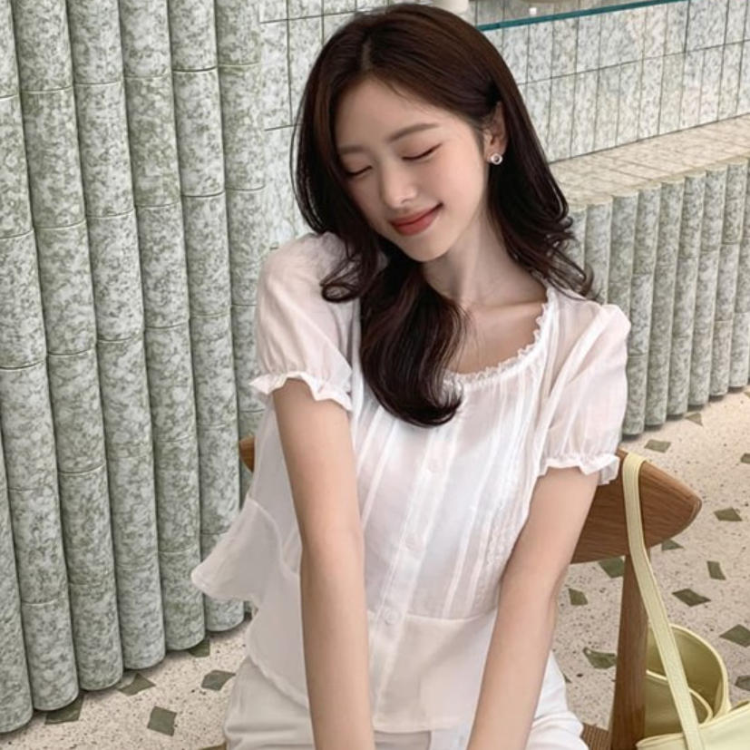 韩国代购直邮2026夏Cherrykoko甜美风泡泡袖蕾丝花边衬衫减龄少女