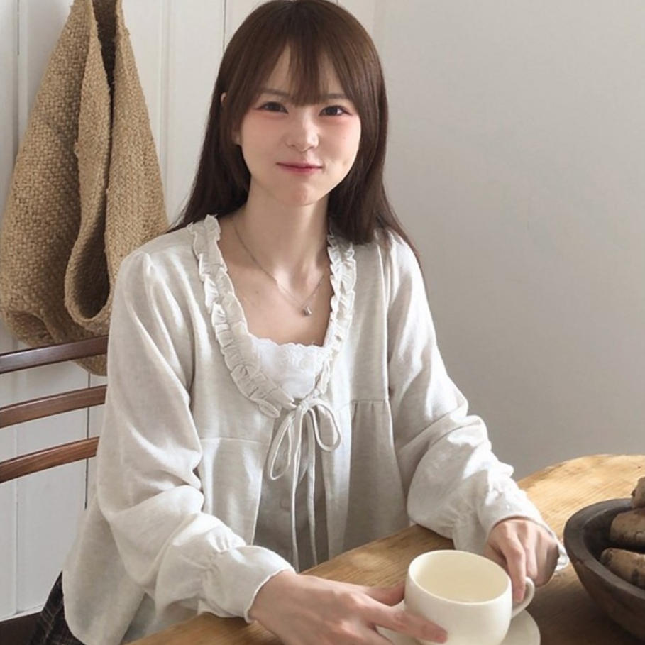 韩国代购直邮2026秋Vinvle温柔花边假两件衬衫女长袖系带显瘦上衣