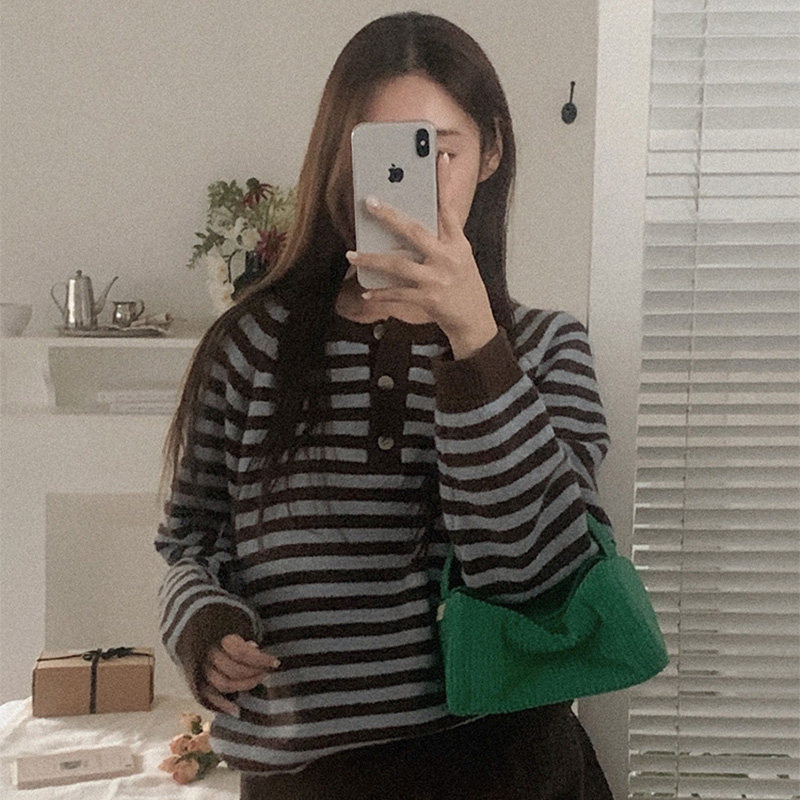韩国代购直邮Heylady春复古百搭风条纹圆领长袖套头显瘦织衫女