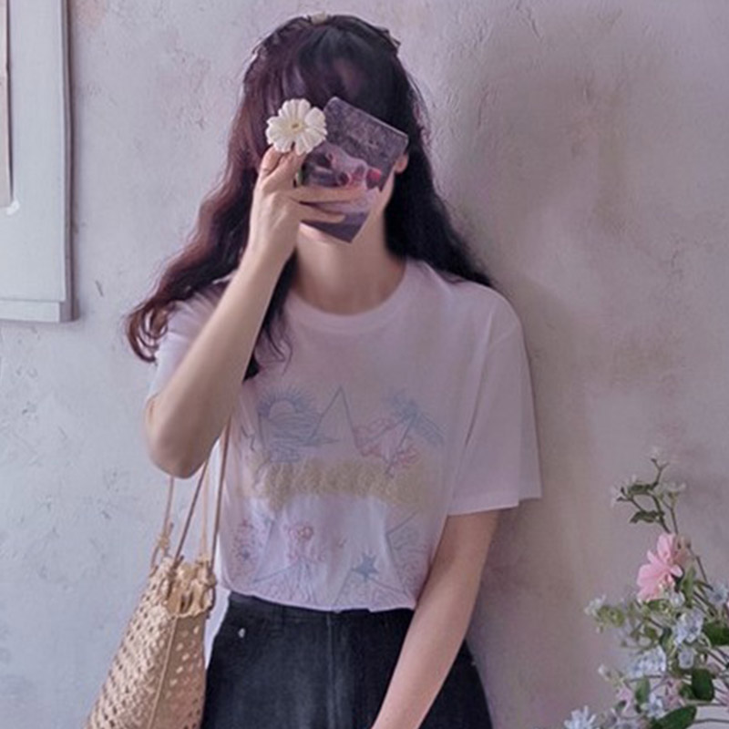 韩国代购直邮2026夏Leelin休闲宽松百搭洋气圆领印花短袖T恤女