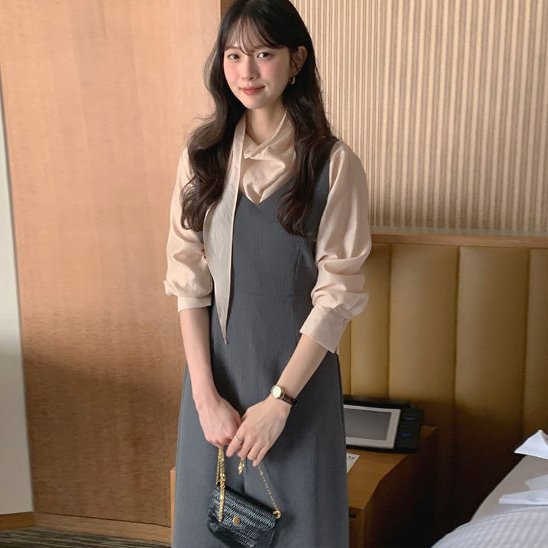 韩国代购直邮2026春韩系叠穿风V领无袖连衣裙女通勤百搭背心长裙