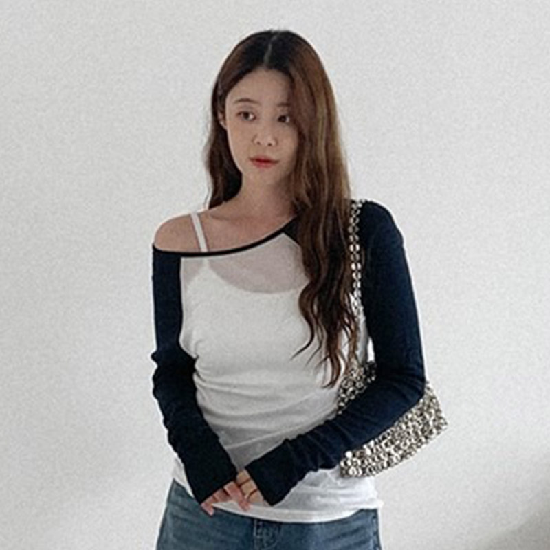 韩国代购直邮2026夏Heylady撞色插肩袖露肩T恤女长袖修身辣妹风女