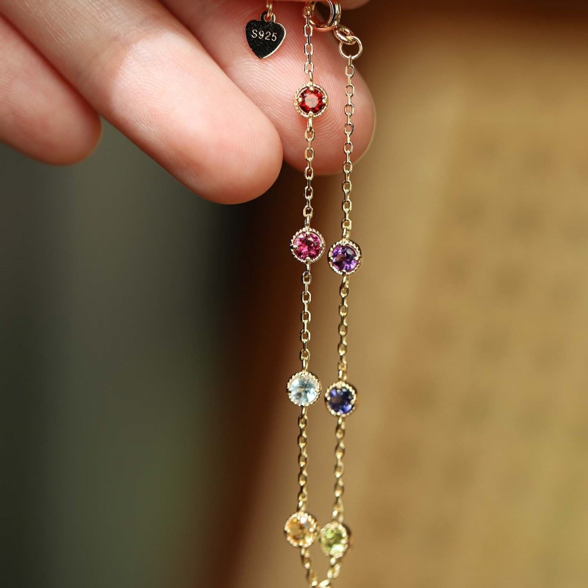 S925纯银镀18K金彩色锆石日系叠戴细手链女百搭ins可调节手链