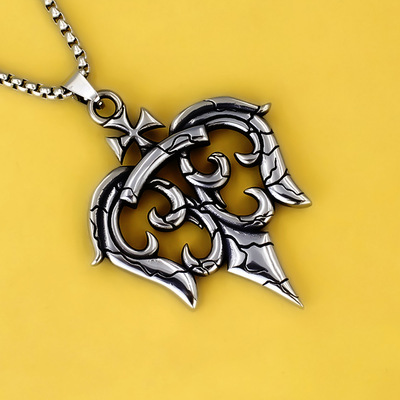批发不锈钢三叉戟项链挂坠男士吊坠船锚时尚泰银复古做旧潮流饰品