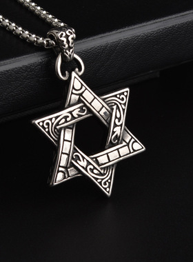 男士不锈钢项链欧美长款霸气个性六芒星吊坠网红同款毛衣链配饰