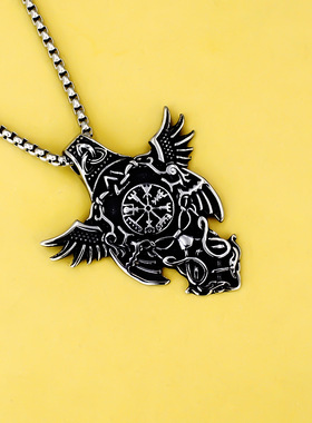 大牌钛钢项链双乌鸦霸气符文不锈钢吊坠男士礼物北欧饰品批发