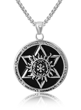 跨境爆款时尚圆形六芒星吊坠项链男士太阳霸气潮人不锈钢街拍