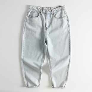 简约百搭宽松休闲廓形九分裤 版 男士 复古浅色水洗牛仔裤 潮 型很赞