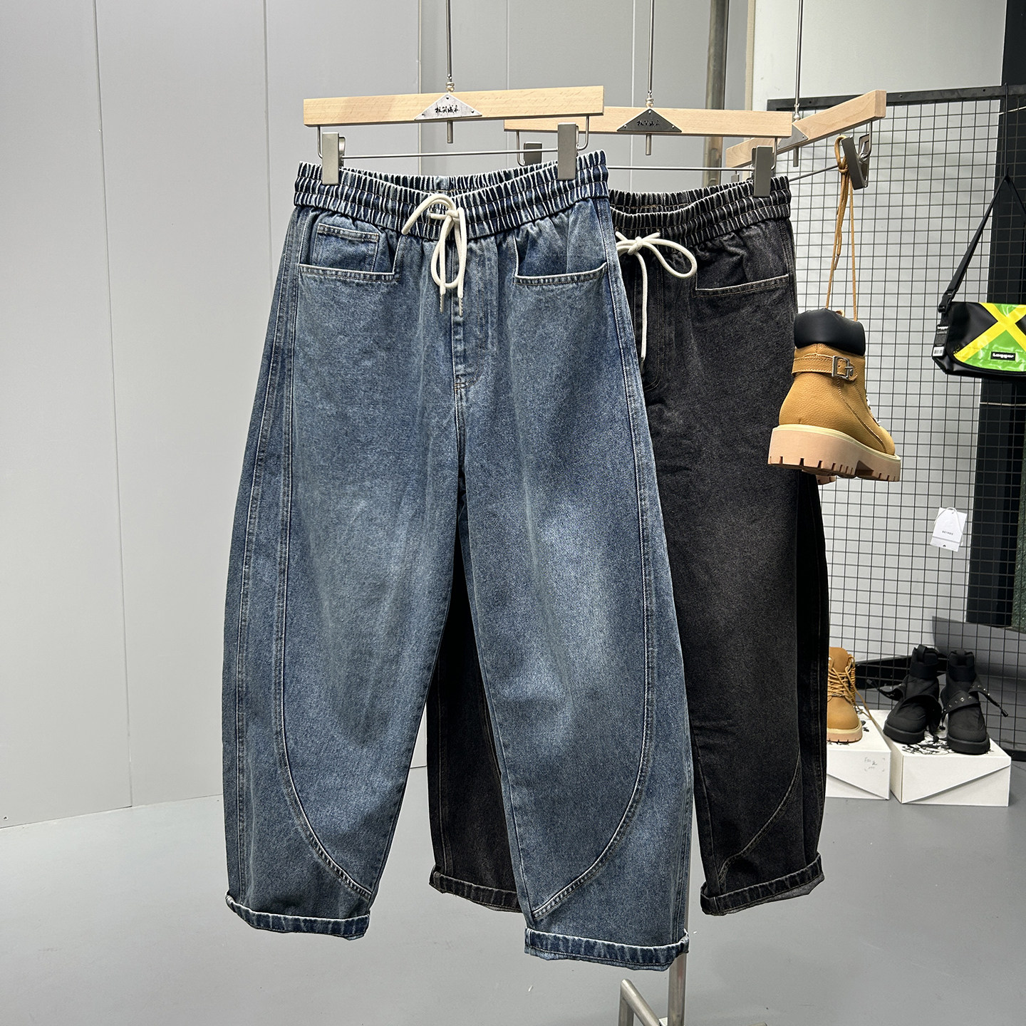 日潮老派咔叽复古拼接小弯刀牛仔裤男士宽松直筒阔腿锥形休闲长裤,男装,牛仔裤,淘宝优惠券,粉丝福利购,淘宝优惠卷