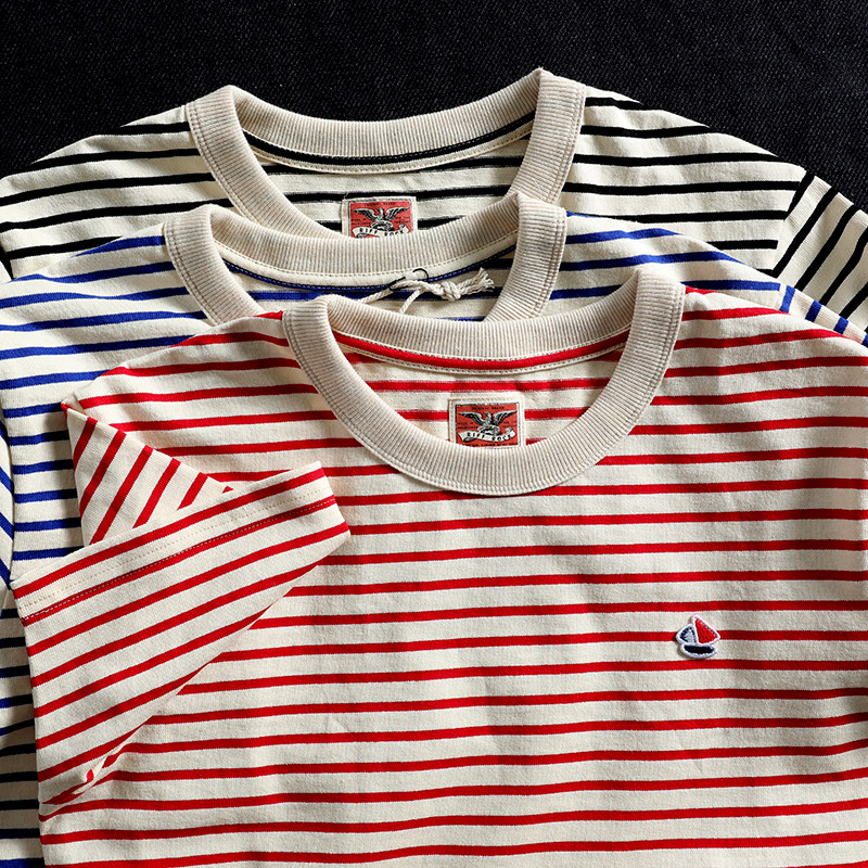 水手海魂衫 280g重磅咔叽纯棉粗纱经典复古条纹情侣圆领短袖t恤男