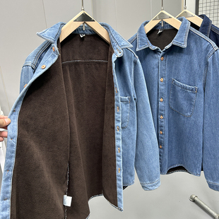 常青 日系复古水洗加绒牛仔长袖衬衫男士一体绒加厚保暖休闲衬衣