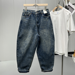 型 宽松阔腿休闲老爹裤 美式 男士 潮 咔叽复古水洗丹宁牛仔裤 萝卜裤