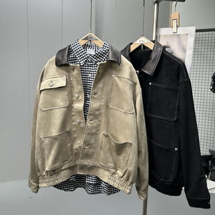 痞帅美式复古巴恩风拼皮领麂皮绒工装夹克男士宽松百搭休闲外套潮