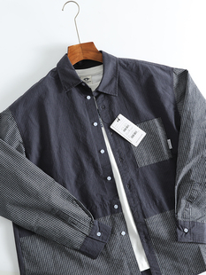 长袖 宽松阔版 衬衣休闲外套 男士 质感爆棚日系复古色织条纹拼接衬衫
